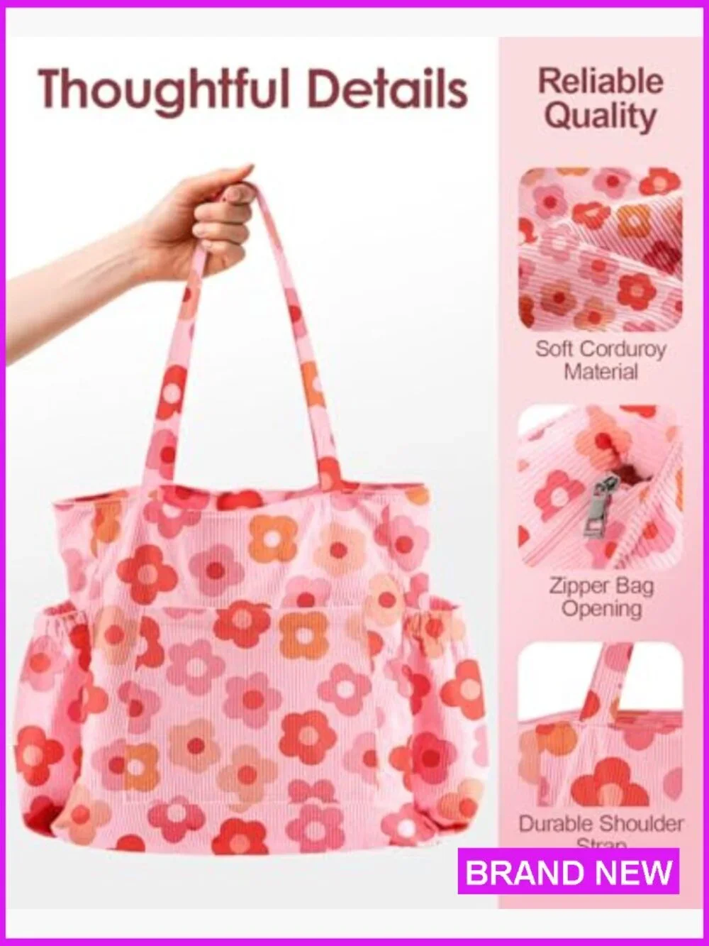 Large Corduroy Tote Bag with Zipper Multi-Pocket Shoulder Hobo for Women